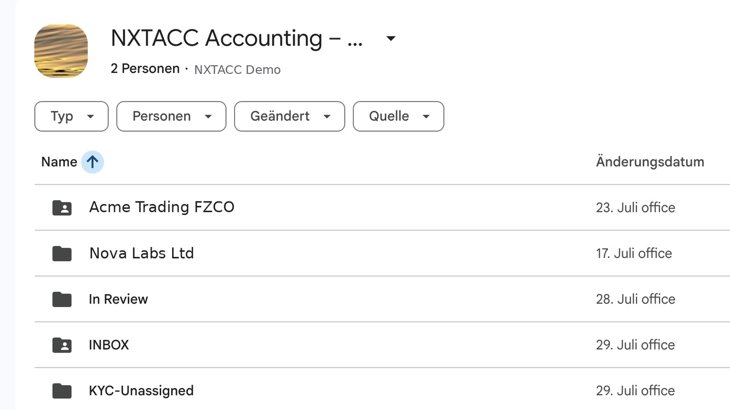 NXTACC shared Google Drive with one inbox, documents filed by company